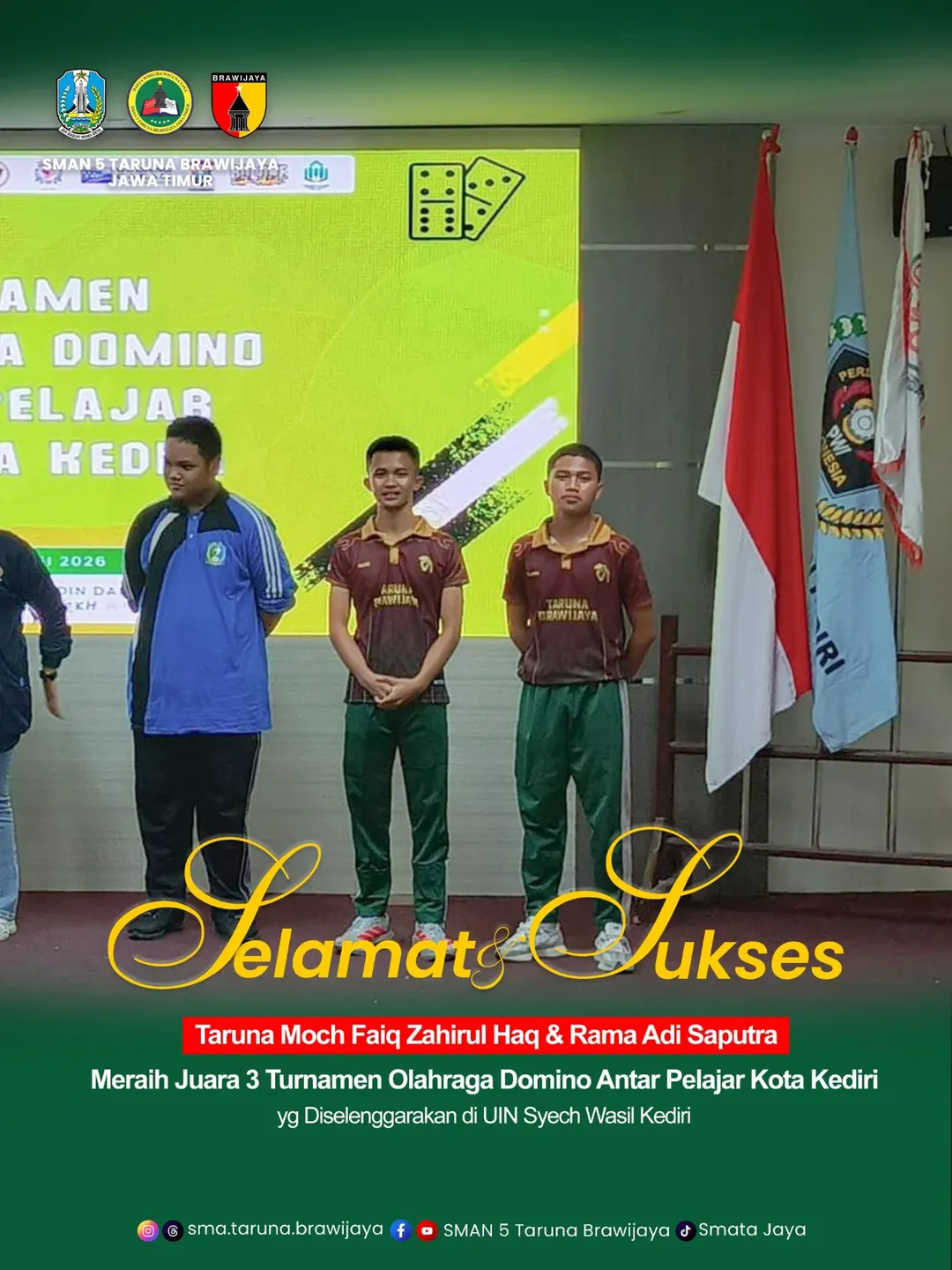 Dua Taruna SMAN 5 Brawijaya Harumkan Nama Sekolah di Turnamen Domino Pelajar Kota Kediri, Raih Podium Ketiga